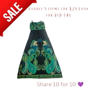 Blooming rose maxi dress Paisley peacock pattern black green and blue size large